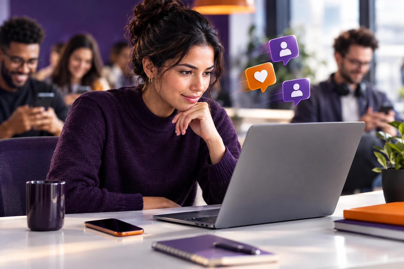 Mulher concentrada diante de um notebook em um ambiente de trabalho, com ícones de perfil e de curtida flutuando ao lado da tela e colegas usando o celular ao fundo. Ilustração do artigo de Ibson Junior sobre a diferença entre ser encontrado e ser procurado pela audiência.