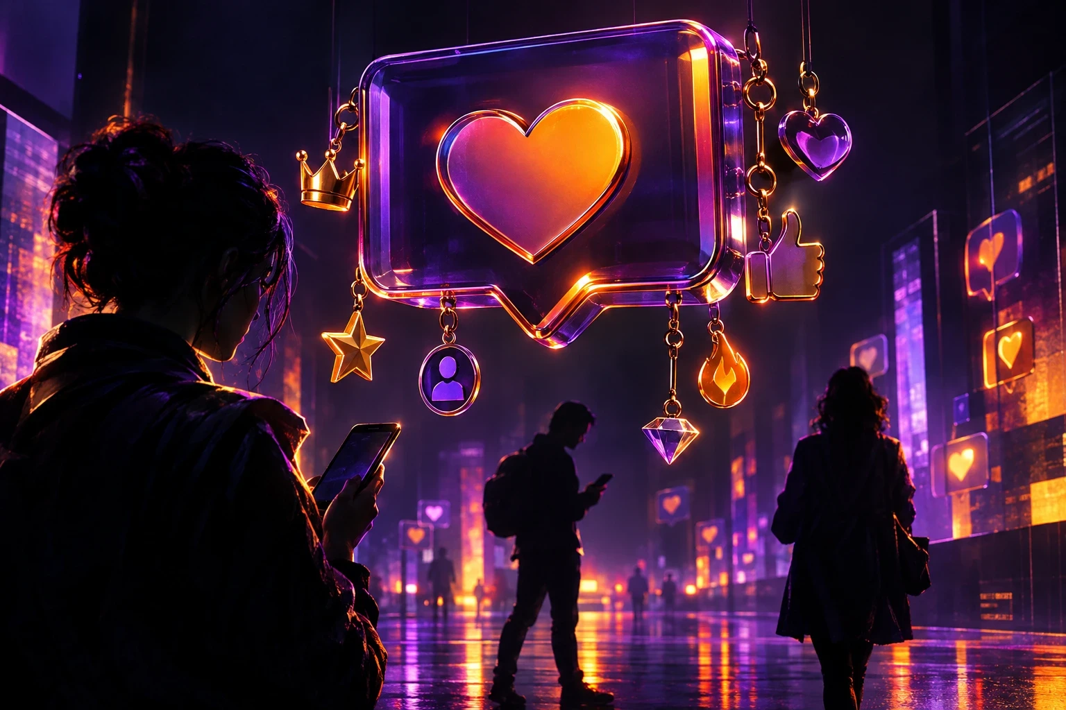 Pessoas em silhueta olhando o celular em uma rua noturna, sob um grande balão de mensagem com um coração luminoso e pingentes de estrela, coroa, curtida e diamante. Ilustração do artigo de Ibson Junior sobre a dependência das plataformas na relação com a audiência.