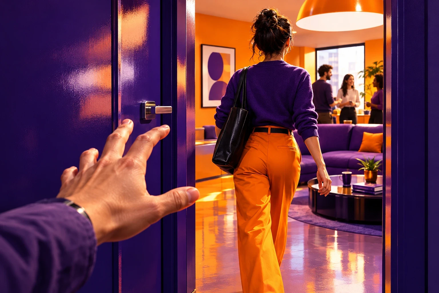 Mão estendida em direção a uma porta roxa enquanto uma mulher caminha para dentro de um ambiente iluminado em laranja, onde outras pessoas conversam. Ilustração do artigo de Ibson Junior sobre o que fica sob controle da operação quando o canal de distribuição muda a regra.