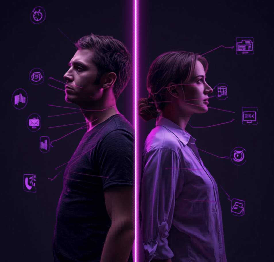 Homem e mulher cercados por ícones de aplicativos e notificações, simbolizando a dependência digital entre vida pessoal e profissional. Ilustração do artigo de Ibson Junior sobre cérebro podre (brainrot) e atenção.