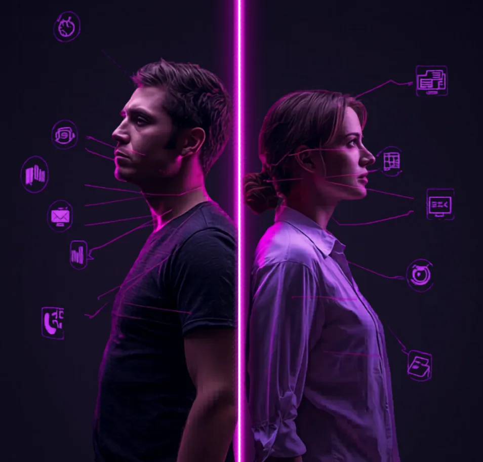 Homem e mulher cercados por ícones de aplicativos e notificações, simbolizando a dependência digital entre vida pessoal e profissional. Ilustração do artigo de Ibson Junior sobre cérebro podre (brainrot) e atenção.