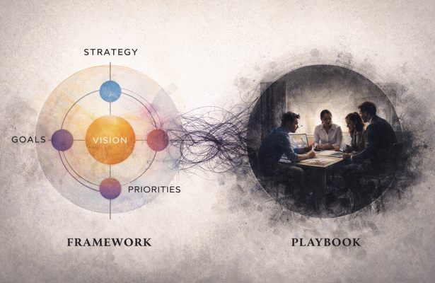 Diagrama comparando o framework estratégico (visão, estratégia, metas e prioridades) e o playbook da operação, uma equipe em reunião. Ilustração do artigo de Ibson Junior sobre comunicação e governança.