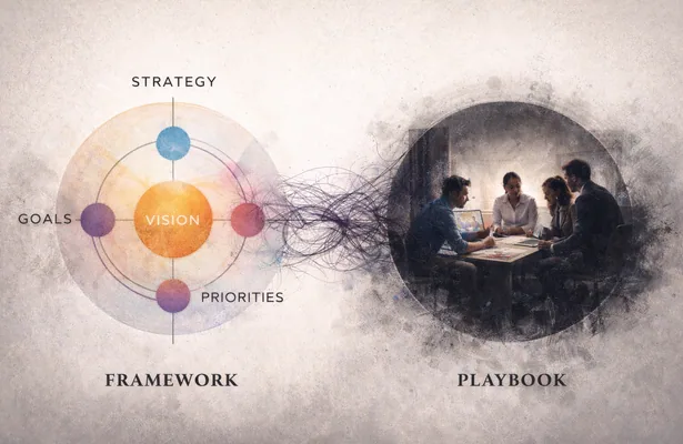 Diagrama comparando o framework estratégico (visão, estratégia, metas e prioridades) e o playbook da operação, uma equipe em reunião. Ilustração do artigo de Ibson Junior sobre comunicação e governança.