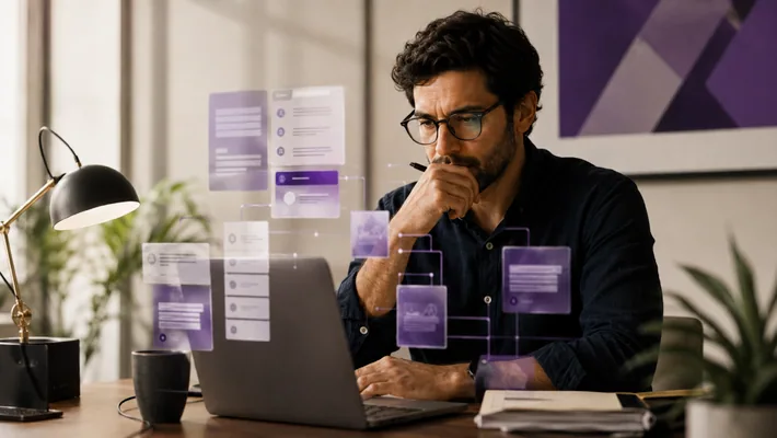 Homem analisando com atenção um fluxo de notificações e conteúdos no laptop. Ilustração do artigo de Ibson Junior sobre atenção e responsabilidade na cobertura da Copa do Mundo.