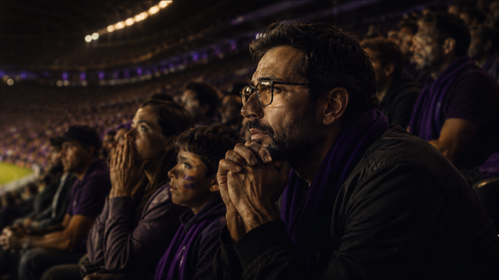 Torcedores emocionados no estádio durante um jogo noturno da Copa do Mundo. Ilustração do artigo de Ibson Junior sobre narrativa, emoção e responsabilidade no futebol.