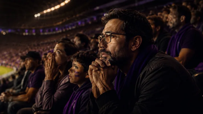 Torcedores emocionados no estádio durante um jogo noturno da Copa do Mundo. Ilustração do artigo de Ibson Junior sobre narrativa, emoção e responsabilidade no futebol.