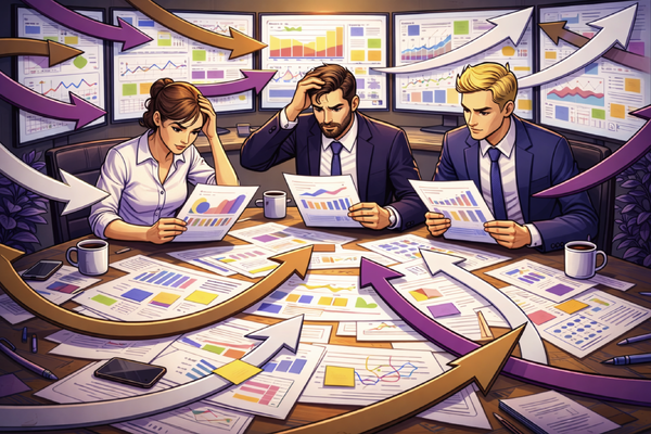 Ilustração de uma equipe soterrada por relatórios e setas apontando para todos os lados, metáfora das decisões reativas ao ruído do mercado. Artigo de Ibson Junior sobre estratégia e tática.