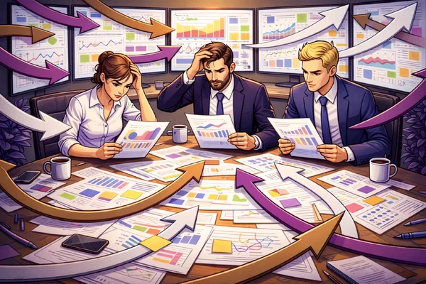 Ilustração de uma equipe soterrada por relatórios e setas apontando para todos os lados, metáfora das decisões reativas ao ruído do mercado. Artigo de Ibson Junior sobre estratégia e tática.