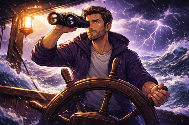 Ilustração de um homem ao leme de um barco em meio à tempestade, olhando com binóculos, metáfora de sustentar a direção estratégica sob pressão. Artigo de Ibson Junior sobre estratégia.