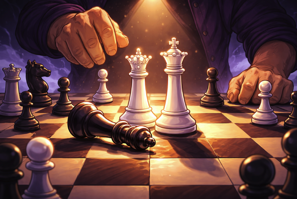 Ilustração de um tabuleiro de xadrez com o rei adversário tombado, metáfora da decisão estratégica que sustenta a direção. Artigo de Ibson Junior sobre estratégia e governança.