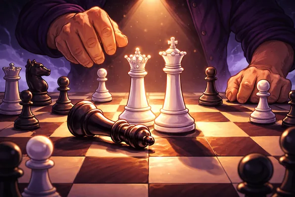 Ilustração de um tabuleiro de xadrez com o rei adversário tombado, metáfora da decisão estratégica que sustenta a direção. Artigo de Ibson Junior sobre estratégia e governança.