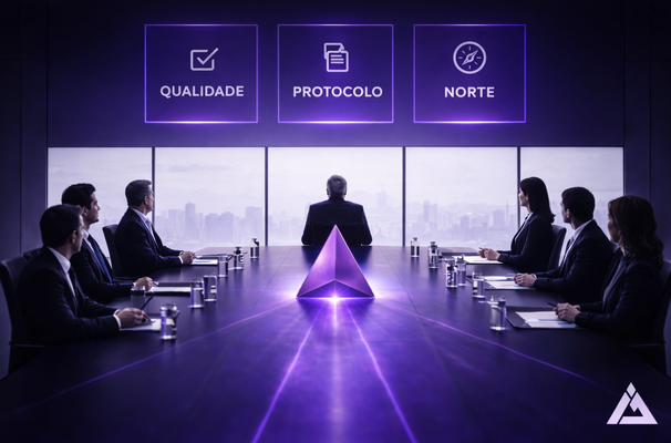 Sala de conselho com executivos ao redor da mesa e a marca de Ibson Junior ao centro, sob os pilares qualidade, protocolo e norte. Ilustração do artigo de Ibson Junior sobre a qualidade da decisão na governança.
