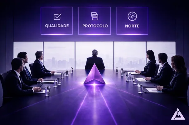 Sala de conselho com executivos ao redor da mesa e a marca de Ibson Junior ao centro, sob os pilares qualidade, protocolo e norte. Ilustração do artigo de Ibson Junior sobre a qualidade da decisão na governança.