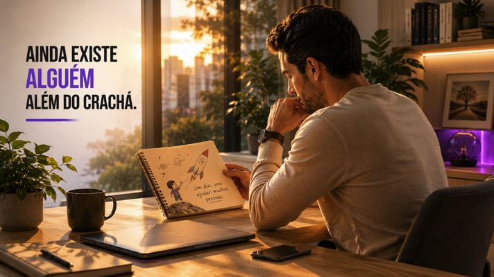 Homem observando um caderno com o desenho de infância de um foguete e a frase 'ainda existe alguém além do crachá'. Ilustração do artigo de Ibson Junior sobre quando a profissão vira identidade.