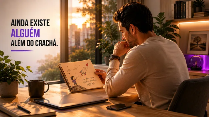 Homem observando um caderno com o desenho de infância de um foguete e a frase 'ainda existe alguém além do crachá'. Ilustração do artigo de Ibson Junior sobre quando a profissão vira identidade.