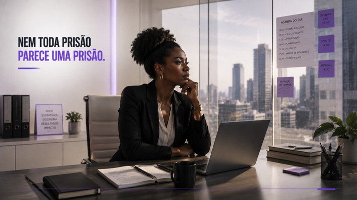 Executiva olhando a cidade pela janela com a frase 'nem toda prisão parece uma prisão' e uma agenda lotada, metáfora da rotina que aprisiona. Artigo de Ibson Junior sobre identidade e trabalho.