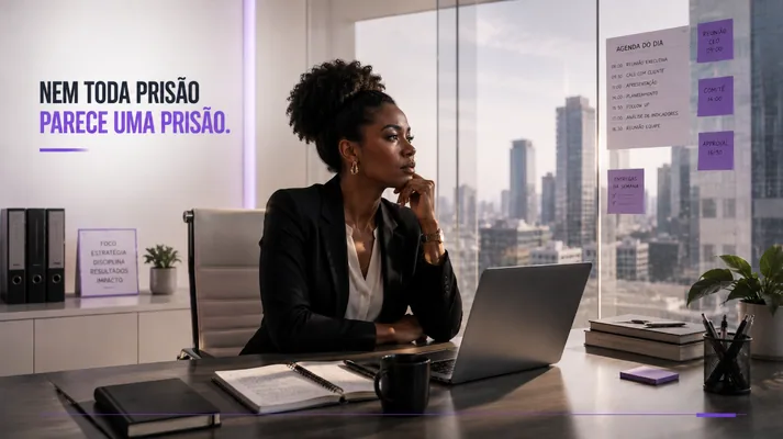 Executiva olhando a cidade pela janela com a frase 'nem toda prisão parece uma prisão' e uma agenda lotada, metáfora da rotina que aprisiona. Artigo de Ibson Junior sobre identidade e trabalho.