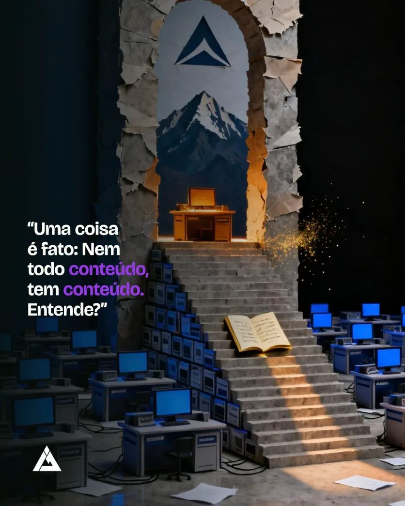 Arte de post de Ibson Junior no LinkedIn: uma coisa é fato, nem todo conteúdo tem conteúdo, com uma escadaria iluminada que sobe entre monitores apagados até uma passagem aberta para a montanha.